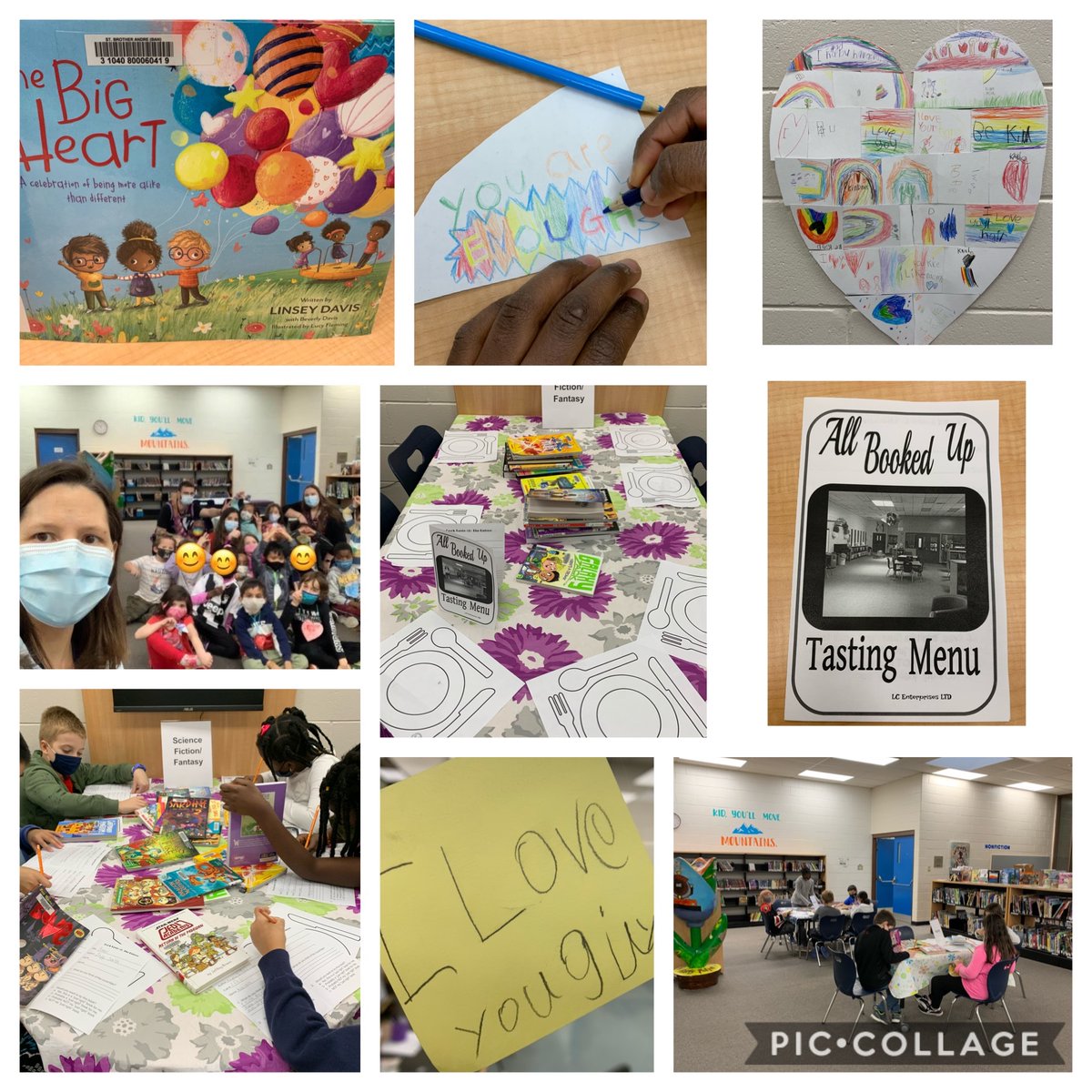 Had so much fun this week! Read a kindness story to the primaries &amp; we spread kindness like confetti. Jrs had a book tasting to introduce them to different genres. There were menus, music &amp; 📚. Thx @ToriNeedsTea for sharing.  Did I mention I love what I do?  My heart is full ❤️