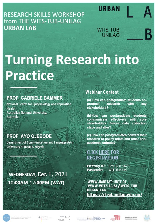 WITS-TUB-UNILAG URBAN LAB (@tub_lab) on Twitter photo Next Wednesday (Dec 1, 10am WAT/CET) we'll host a webinar with <a href="/GabrieleBammer/">Gabriele Bammer</a> and <a href="/AyobamiOjebode/">Ayobami Ojebode</a> discussing the co-production of research and the communication outputs to increase the impact of postgraduate research. You can register here: us02web.zoom.us/meeting/regist… Next Wednesday (Dec 1, 10am WAT/CET) we'll host a webinar with <a href="/GabrieleBammer/">Gabriele Bammer</a> and <a href="/AyobamiOjebode/">Ayobami Ojebode</a> discussing the co-production of research and the communication outputs to increase the impact of postgraduate research. You can register here: us02web.zoom.us/meeting/regist…