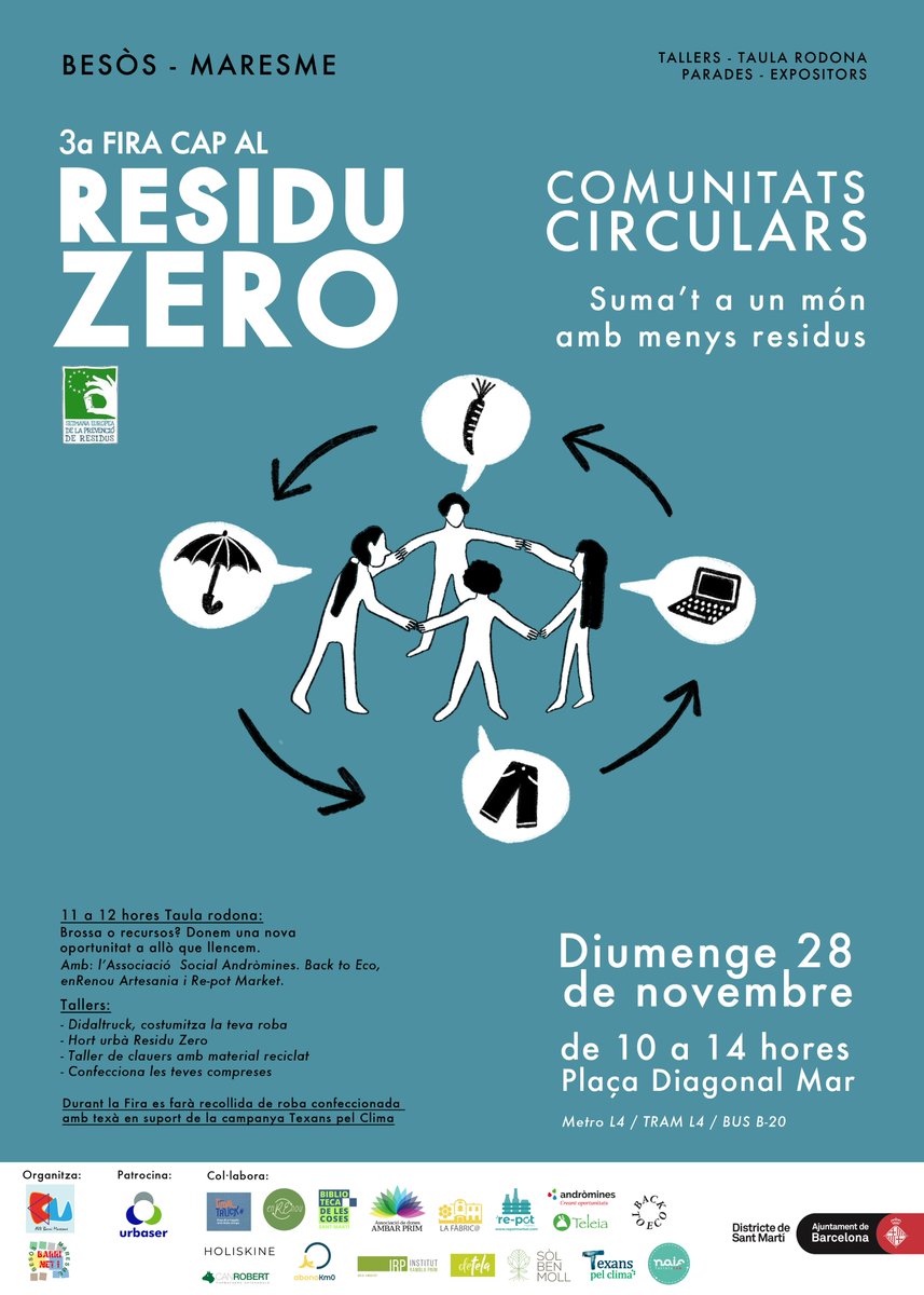 AvvMaresmeBCN's tweet photo. Recordeu que teniu una cita aquest diumenge al #BesòsiMaresme del @Bcn_SantMarti 
3ª FIRA CAP AL RESIDU ZERO
📅28 de Novembre
🕐10.00 a 14.00
📍Plaça Diagonal Mar, Barcelona
Suma't a un món amb menys residus!
#ewwr2021 
#ComunitatsCirculars 👇 https://t.co/KKIgzr5sKZ