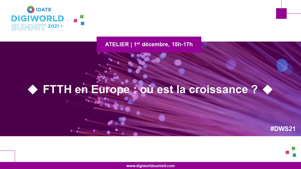 [#DWS21 🌐] 
💬 Inscrivez-vous aux Workshops du DigiWorld Summit Paris ! 
🗓️ Retrouvez-nous les 1er et 3 décembre en ligne.

Atelier 5️⃣ : #FTTH avec notre partenaire <a href="/ACOMEgroup/">ACOME</a>, animé par Roland MONTAGNE, Roland MONTAGNE.

👉 site.evenium.net/f5lwcbl3/regis…