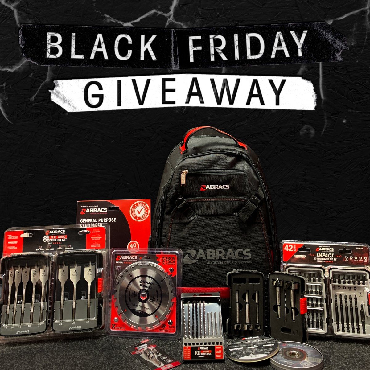 Abracs_Ltd's tweet photo. BLACK FRIDAY GIVEAWAY! 🚨

What's better than a sale? All these Abracs products absolutely FREE! 

To enter:
1️⃣ Like &amp; Retweet this post &amp; tag two friends below!
2️⃣ Follow @Abracs_ltd

Winner Announced 03.12.21 10am

GOOD LUCK!🤞🎉

#giveaway #blackfriday #fuelyourtools https://t.co/KOhCU5aLtb