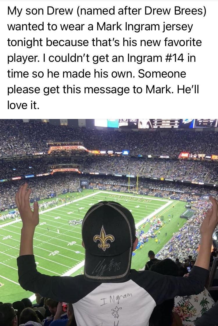 NicoleAngelette's tweet photo. @markingramII hey old friend - I need your help. This boy was at the game yesterday &amp; did not have a jersey of yours (you are his fave) so he made his own. Can we please do something to get him some goodies from you? I have his info - DM me 🖤⚜️ #saints #markingram please RT https://t.co/UbiulR6rab