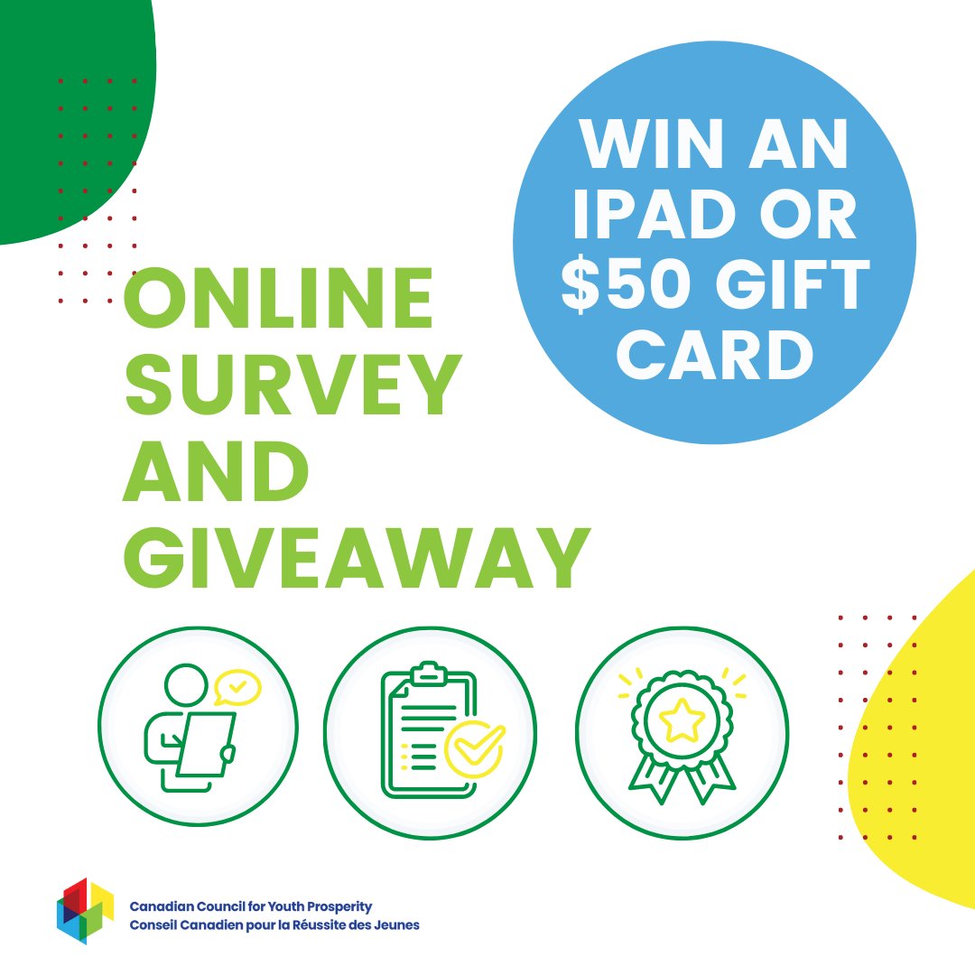 Are you between the ages of 15-29 with insights about the future of work for youth? Complete this survey from @ccyp_ccpj a chance to win an iPad or one of thirty $50 gift cards!

EN: surveymonkey.com/r/R72WRZG
FR: surveymonkey.com/r/N2CRW7K