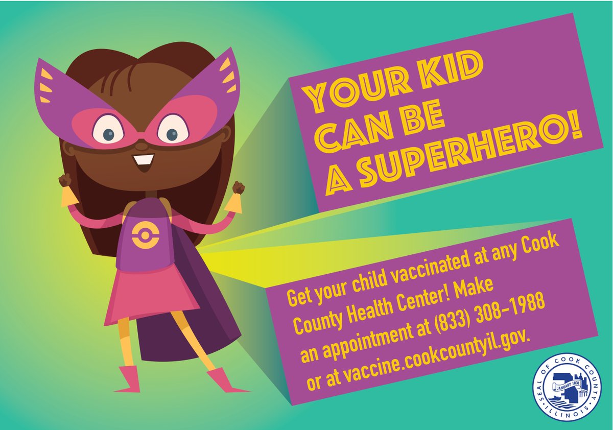 cookcountygov's tweet photo. Bat-who? Spider-what? Your own kid can be a superhero! Make an appointment to get your child vaccinated and get a booster shot for yourself at any @CookCtyHealth location. Visit https://t.co/yZhs81lHHI to learn more and find a Health Center near you. #OneCookCounty #Vaxxed https://t.co/FAKc8zaw01