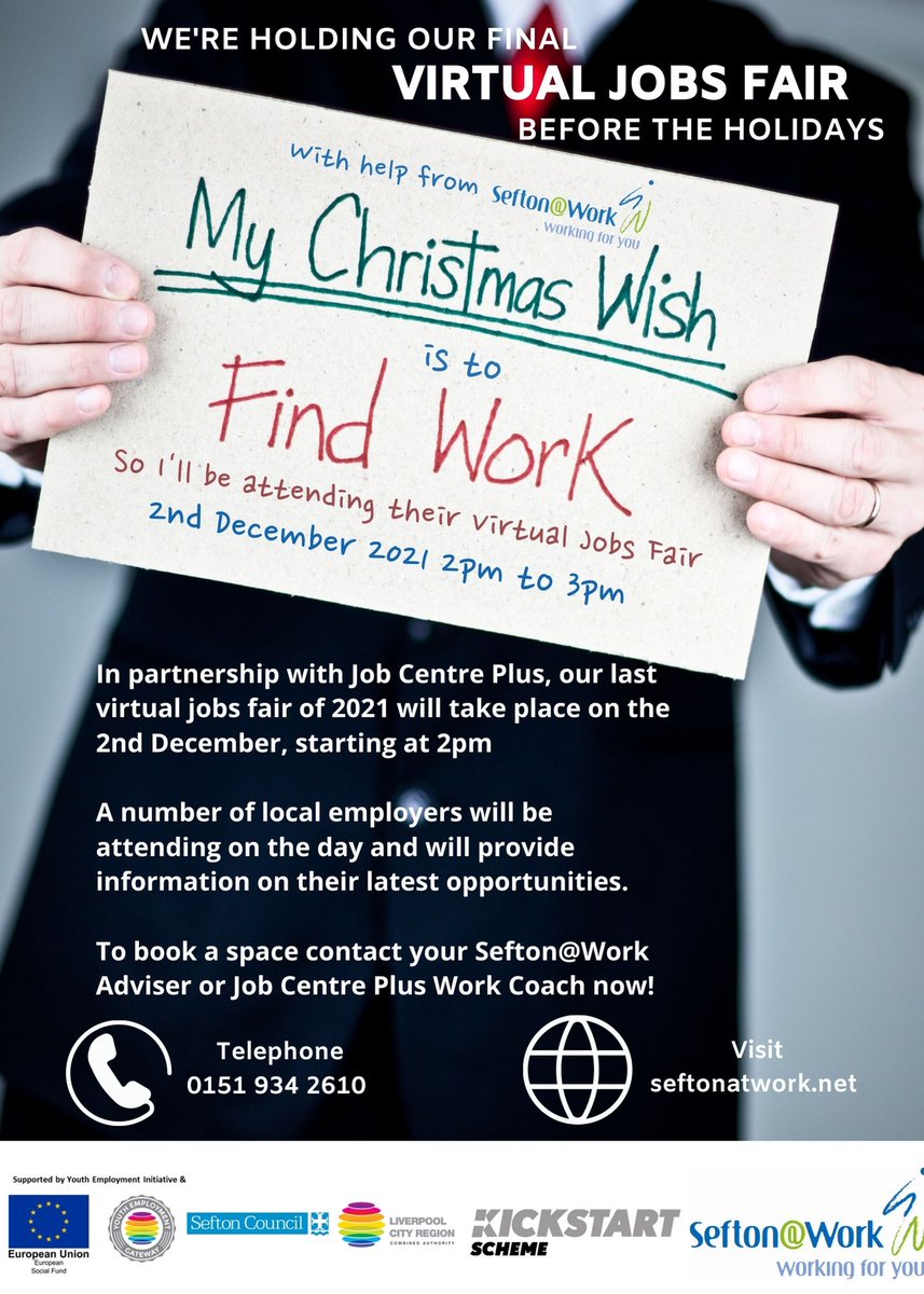 LearnWorkSefton's tweet photo. #SeftonatWork are holding a Final Virtual Jobs Fair before the Holidays Thursday 2nd December 2-3pm via MS Teams. A number of local employers will be attending with details of local vacancies in care, warehousing, food production, docks and more. See poster for booking info #jobs https://t.co/NFSDOgzuIy