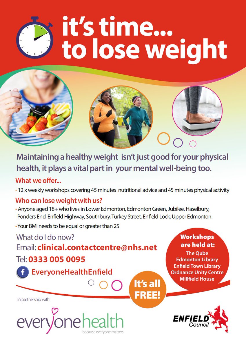 enfieldlibrary's tweet photo. Weekly weight management workshops run by #EveryoneHealth in partnership with @EnfieldCouncil are available for FREE at local community sites, including Edmonton, Enfield Town, and Ordnance Libraries! For more info email clinical.contactcentre@nhs.net or call 03333 005 0095 https://t.co/I8RyFTzGAu