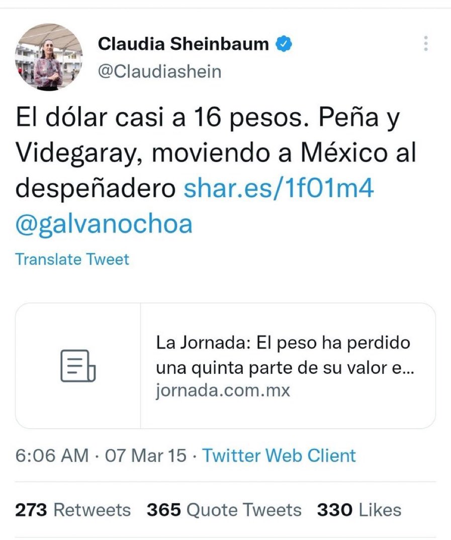 Hola <a href="/Claudiashein/">Claudia Sheinbaum Pardo</a> ¿ya viste el precio del dólar?
Casi $22 ¿algún tuit o declaración al respecto?