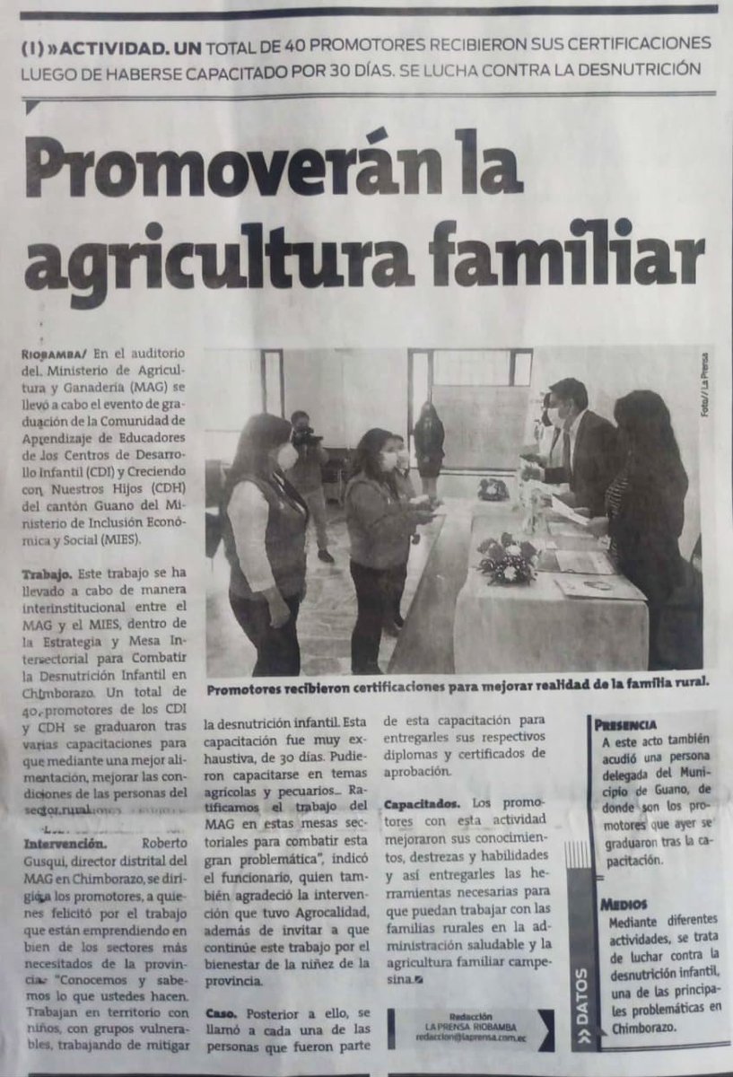 #MAGEnMedios | 40 educadores del #MIES cantón Guano, concluyeron su capacitación en la Comunidad de Aprendizaje de la #AFC ejecutada por el #MAG, como parte del trabajo de la Mesa Intersectorial para combatir la desnutrición infantil en Chimborazo. Conoce más Vía @LaPrensaInforma