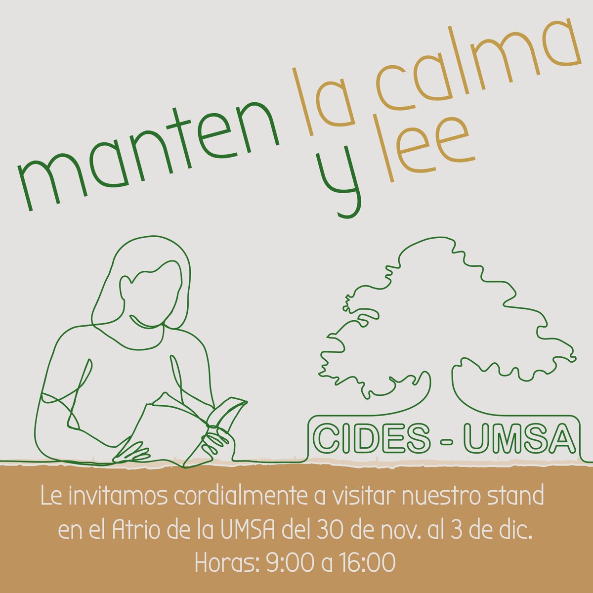 UmsaCides's tweet photo. Le invitamos cordialmente a visitar nuestro stand en la
Feria de libros
📍En el Atrio de la UMSA
📅del 30 de noviembre al 3 de diciembre
📅Horas: 9:00 a 16:00
https://t.co/dcCMvQZyNq
#CIDESUMSA https://t.co/vYQR5AcY05