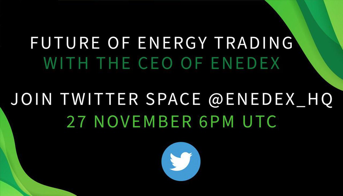 ENEDEX_HQ's tweet photo. TWITTER SPACE + $300 GIVEAWAY

JOIN THE CEO OF ENEDEX ON THE TWITTER SPACE 

The CEO of ENEDEX Erik is going to be talking about the future of decentralised energy trading on 27th November, 6PM UTC!

On top of this, one of the listeners will win a lottery for $300!!! https://t.co/aDYxigPpe5