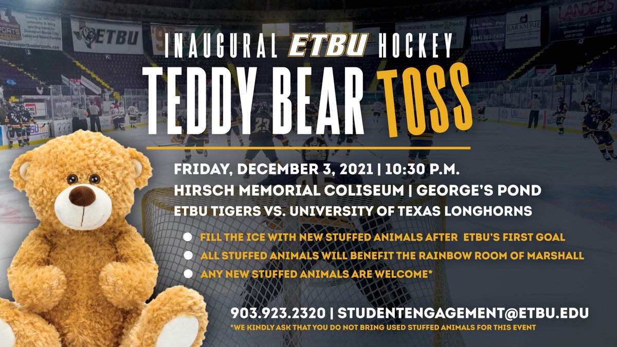 In ONE WEEK, ETBU Hockey will hold the first annual Teddy Bear Toss! Buy a stuffed animal or two and join us to support this great cause for The Rainbow Room of Harrison County. #EnhancingCommunity