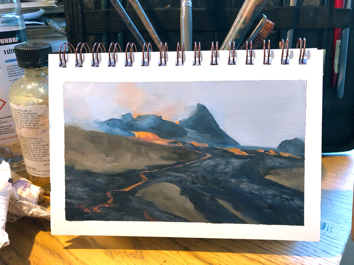 eldfjalladag's tweet photo. (Painting 92/100 - 16.07.2021)
The crater has had some really interesting shapes since the eruption began back in March!

If you'd like to see all of these #paintings collated in a volcano #artbook please  order a copy here: https://t.co/BsUCNtjZMD https://t.co/xDrDu3H5Pk