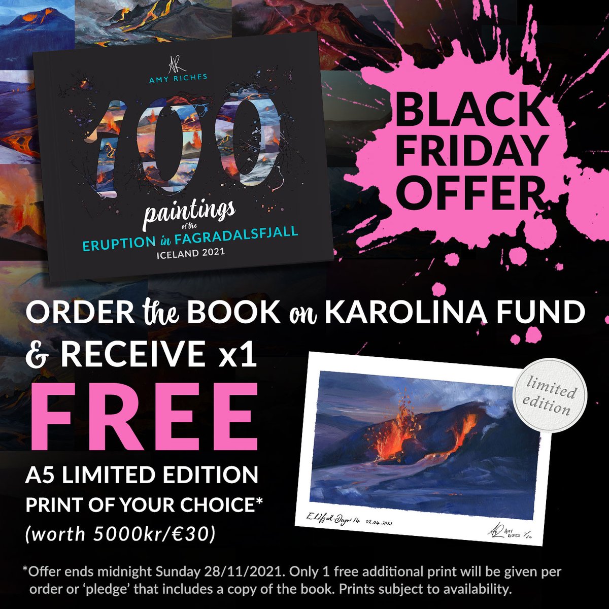eldfjalladag's tweet photo. #BlackFriday offer! For this weekend ONLY we are giving away x1 FREE limited edition A5 print of your choice with every order that includes a copy of the '100 paintings of the eruption' artbook that we are crowdfunding on Karolina Fund* Order here:
https://t.co/BsUCNtjZMD https://t.co/VWAhhdpeoK