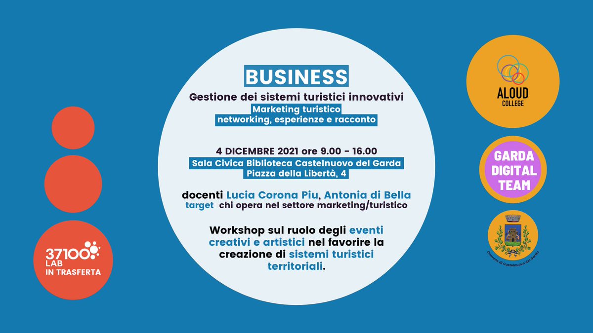 aloudverona's tweet photo. #4dicembre: il nostro laboratorio sul #MarketingTuristico farà tappa a Castelnuovo del Garda.
Un'intera giornata (6 ore più pranzo) di attività gratuita, basta registrarsi qui 👉 https://t.co/Rl9xIdmkUt
#37100Lab
#LaCulturaAlzaLaVoce https://t.co/H7ZX67PFnE
