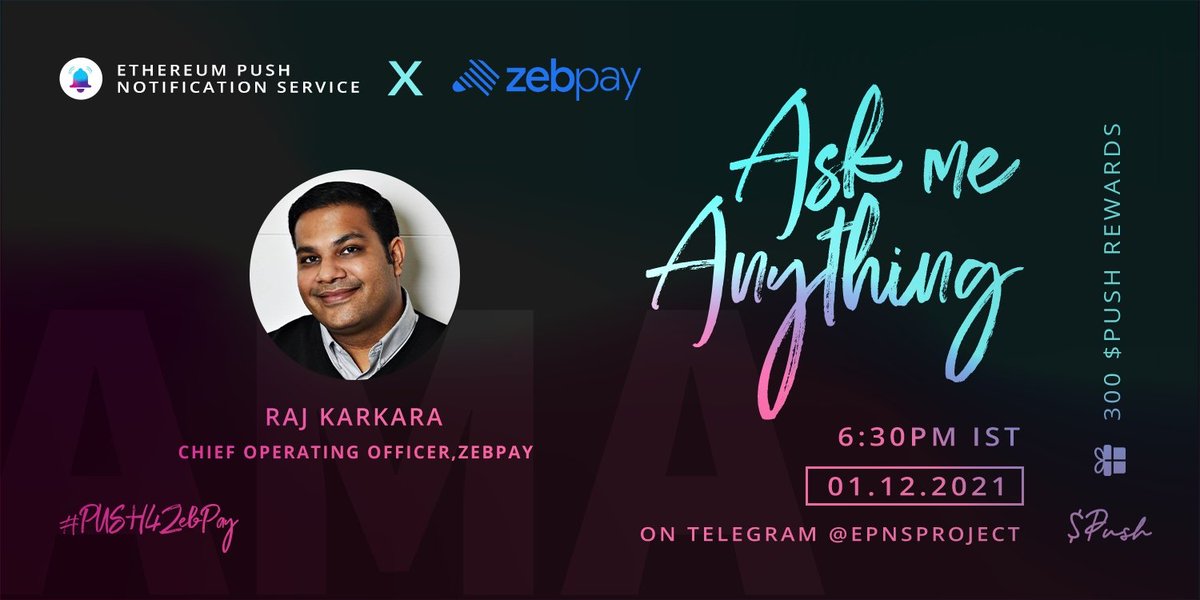 We're excited to announce that we'll be hosting an AMA with <a href="/zebpay/">ZebPay</a>!💥

Comment down your questions below cause <a href="/RajKarkara/">Raj Karkara</a>, Chief Operating Officer - ZebPay will be there to answer them!😄

🗓️Date: 1st Dec @ 1 PM UTC
📍Venue: t.me/epnsproject
💰Prize Pool: 300 worth $PUSH