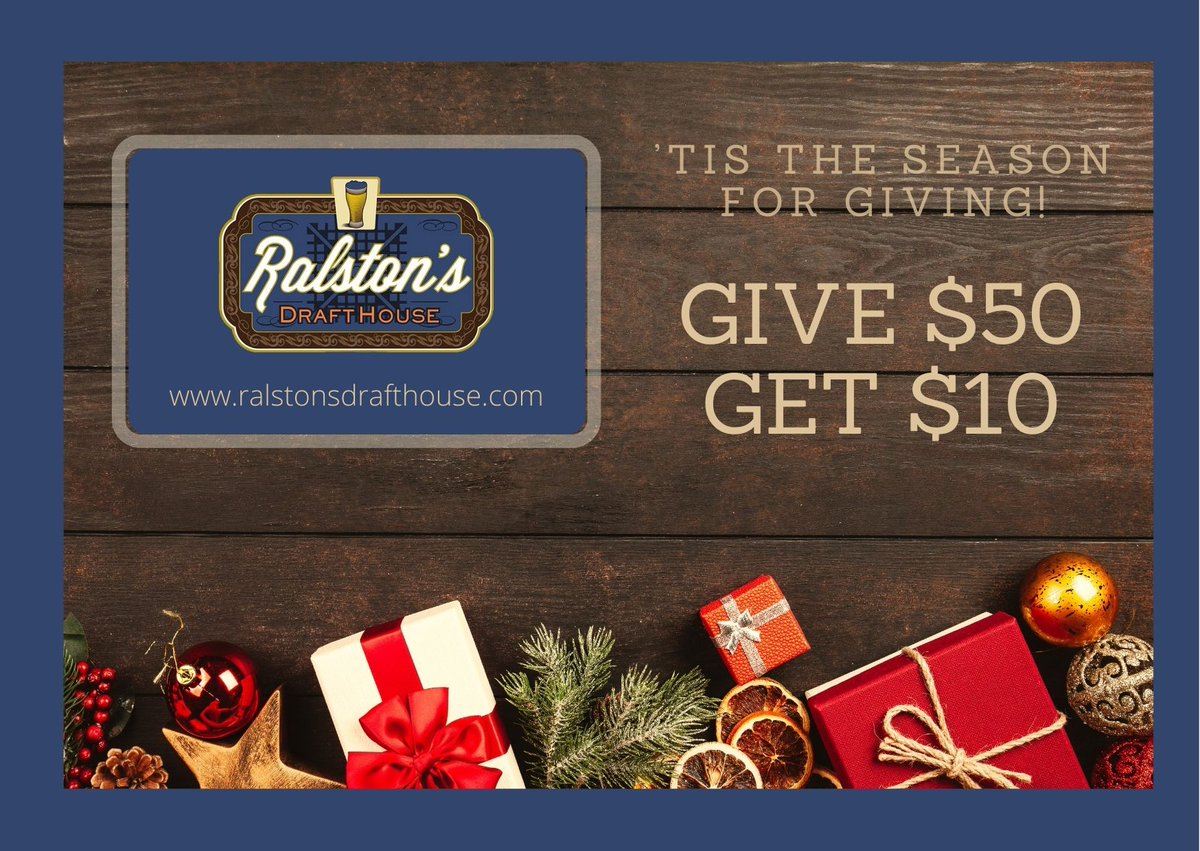 The holiday bonus is back! Purchase a $50 gift card and receive a $10 bonus card! ralstonsdrafthouse.com/shop #blackfriday #holidays