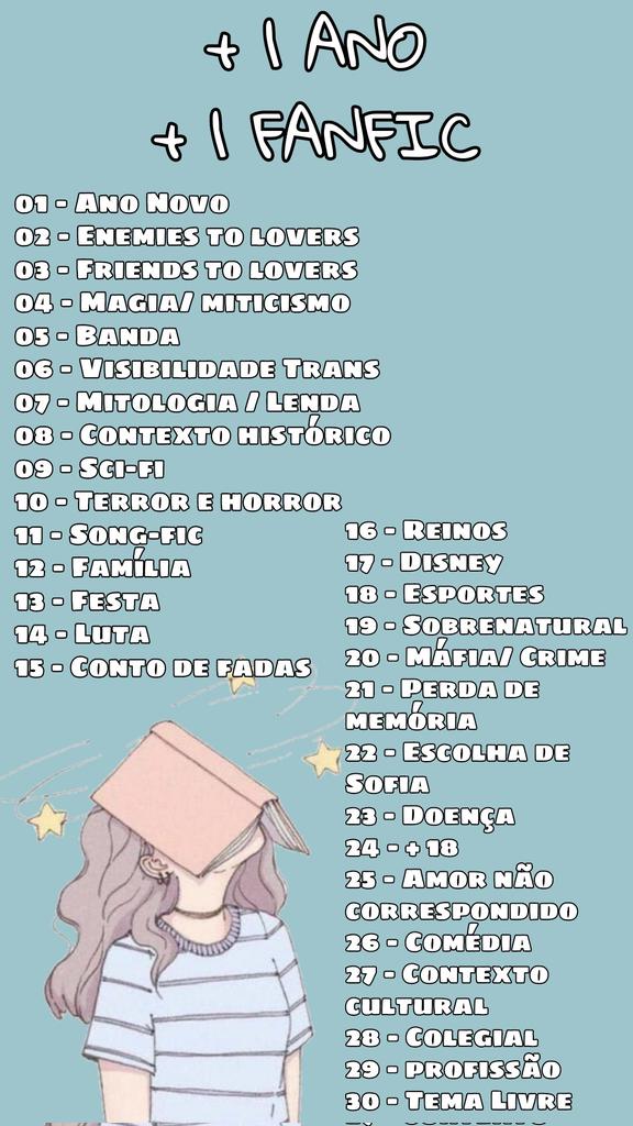 OLÁ  AUTORES!!! Hj vim falar com vcs! Mais um ano está chegando e quero começar ele com pé em criatividade, por isso convido todes que quiserem participar para meu projeto do mês de Janeiro de escrever uma fic por dia!

Aqui estão os temas e vai do dia 1 ao dia 30 +

Dêem RT ❤