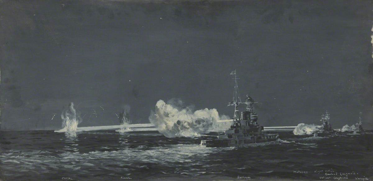 navalhistorian's tweet photo. In case anybody is wondering about the Rowland Langmaid painting of HMS Barham at the Battle of Matapan that I described to @DrSamWillis in this @NauticalHistory #MarinersMirror #podcast🗣️🎧 it's this one (original held by the @RMGreenwich I believe). #WW2 https://t.co/mqz1gr8PRc https://t.co/VOT3px0DTC