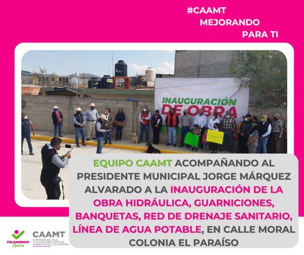 CAAMT_Tgo's tweet photo. Equipo CAAMT acompañando al presidente Municipal @MarquezAJorge a la inauguración de la obra hidráulica, guarniciones, banquetas, red de drenaje sanitario, línea de agua potable, en Calle Moral colonia El Paraíso
@TulancingoMpio
#TulancingoAvanza con servicios de calidad
#CAAMT https://t.co/VbFXYk27C1