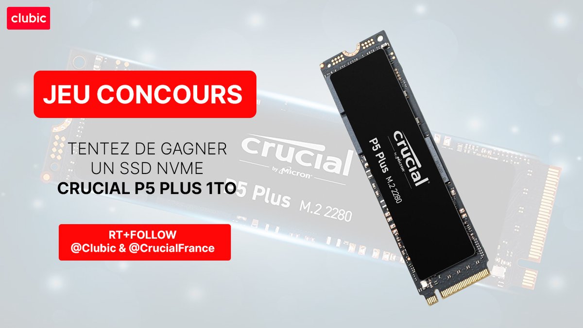 🖥️ CONCOURS CRUCIAL 🖥️ 
Soyez prêt pour le futur ! On vous fait gagner le SSD NVME P5 Plus de 1 To de Crucial !

Pour participer :
👉 RT+Follow <a href="/Clubic/">Clubic</a> &amp; <a href="/CrucialFrance/">CrucialFrance</a>
👉 Quelle est la vitesse de lecture séquentielle du SSD P5 Plus ?

TAS le 29/11 à 17h.