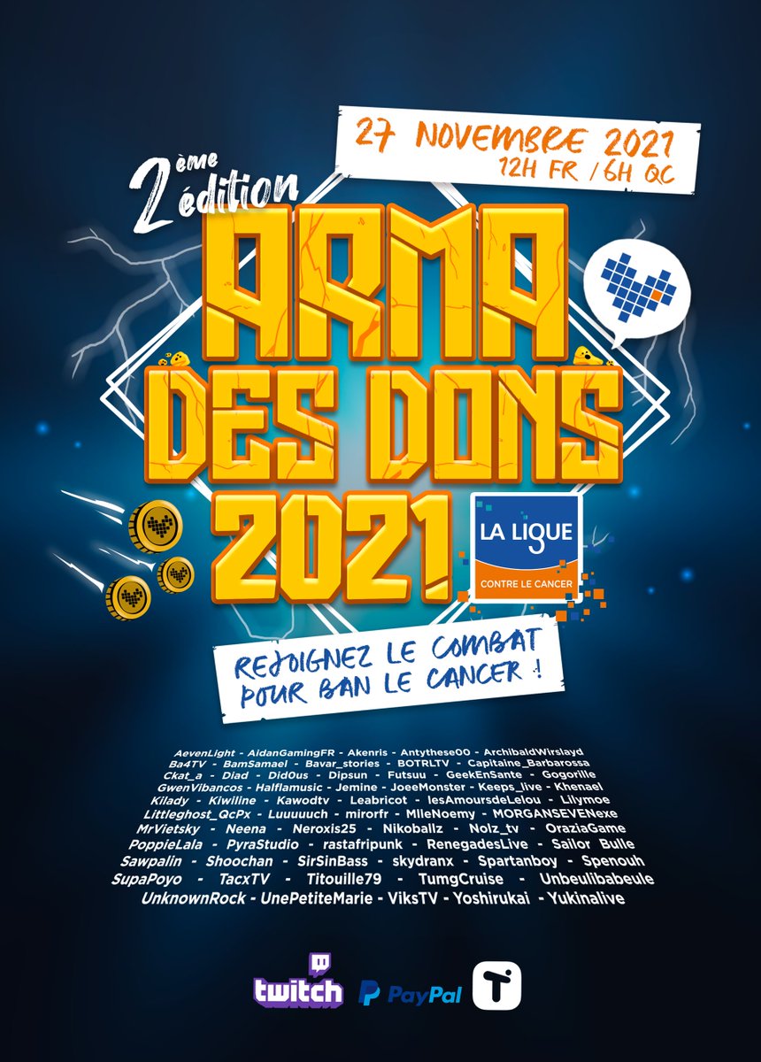 laliguecancer's tweet photo. [#Gaming]🎮L'@ArmaDesDons commence dans 1h !

Retrouvez les streameurs et streameuses ainsi que les Ligueurs en direct sur la chaîne @TwitchFR Unbeulibabeule⬇️
https://t.co/lfq1JlFZxW

Ensemble, mobilisons-nous pour #BanLeCancer !

Pour soutenir la Ligue⬇️
https://t.co/Xn2yjo7XBq https://t.co/VuLOL29PYS