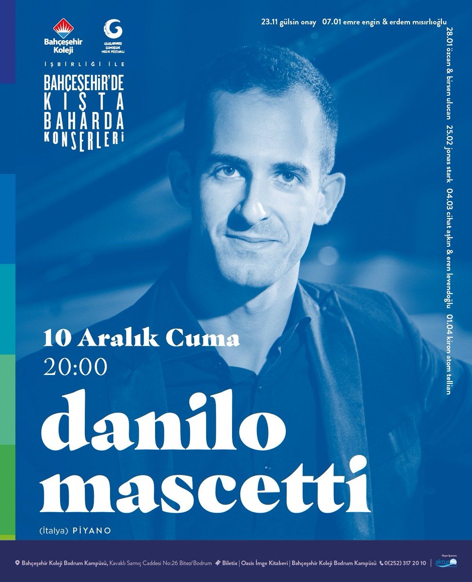 📣Bodrum kış ve bahar aylarında müzikle ısınacak!

Bodrum Bahçeşehir Koleji ve Gümüşlük Klasik Müzik Festivali iş birliği ile düzenlenmekte olduğumuz “Kışta Baharda” konserleri, Piyanist Danilo Mascetti konseriyle devam ediyor.

#bahçeşehirdekıştabaharda
<a href="/gumuslukfest/">Gümüşlük Müzik Festivali</a>