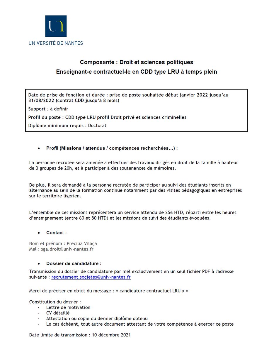 Poste d'enseignant contractuel en droit privé à pourvoir en janvier à la <a href="/FacDroitScPoNte/">FacDroitScPoNantes</a> @UnivNantes. Temps plein 8 mois, 256 HETD théoriques (mais 60 effectives). Candidatures jusqu'au 10 décembre.
univ-nantes.fr/travailler-a-l…