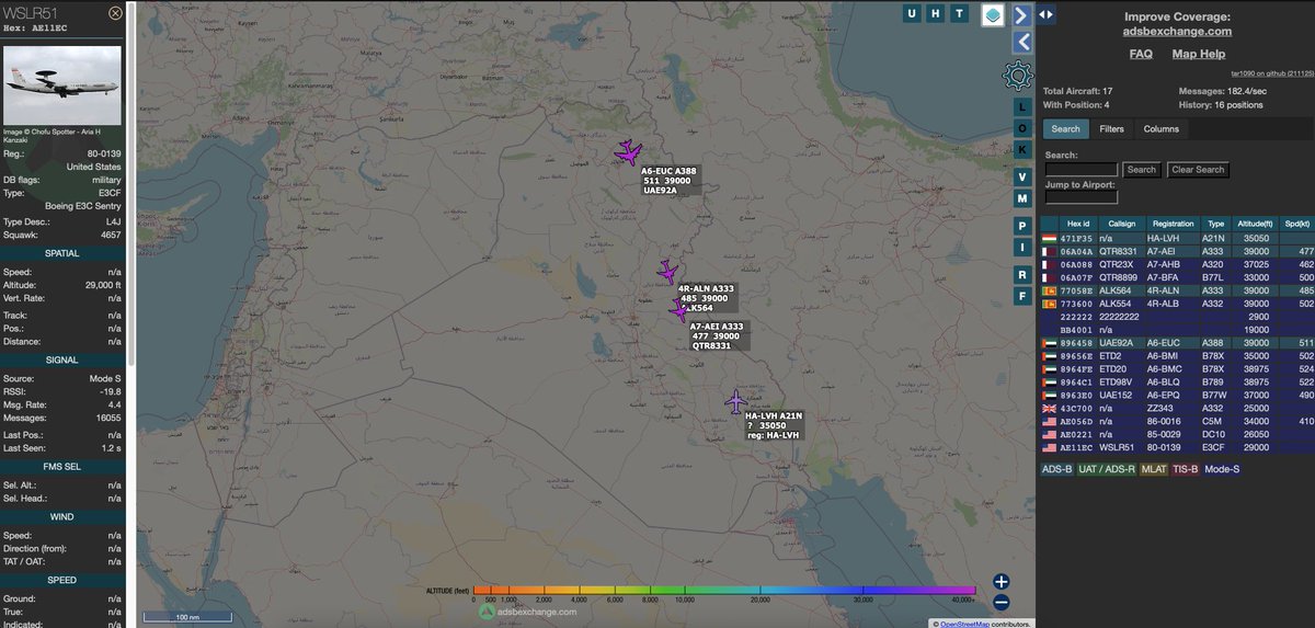 no_itsmyturn's tweet photo. #USAF 🇺🇸 E-3G Sentry #AWACS / AEW&amp;C pinging over #Iraq 🇮🇶 
80-0139 | #AE11EC | #WSLR51 https://t.co/tQIHja2DSX