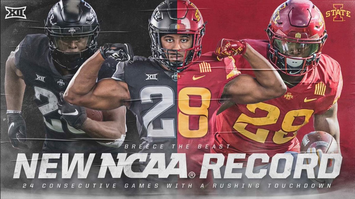 Iowa State Football (@cyclonefb) on Twitter photo NCAA RECORD!
<a href="/BreeceH/">Breece Hall</a> has now rushed for a TD in 24-straight games, setting a new NCAA record.
#BreeceTheBeast
🌪️🚨🌪️ NCAA RECORD!
<a href="/BreeceH/">Breece Hall</a> has now rushed for a TD in 24-straight games, setting a new NCAA record.
#BreeceTheBeast
🌪️🚨🌪️