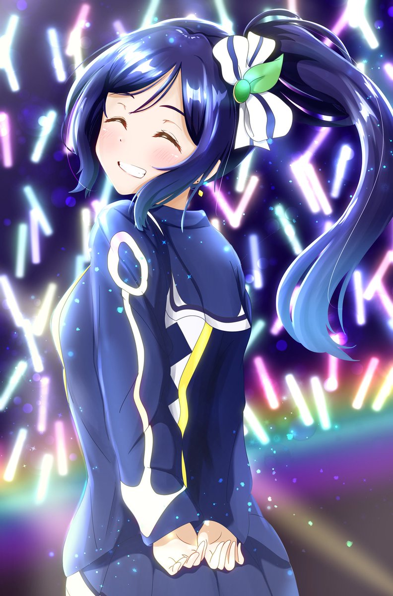 matsuura kanan 1girl blue hair glowstick birthday smile closed eyes solo  illustration images