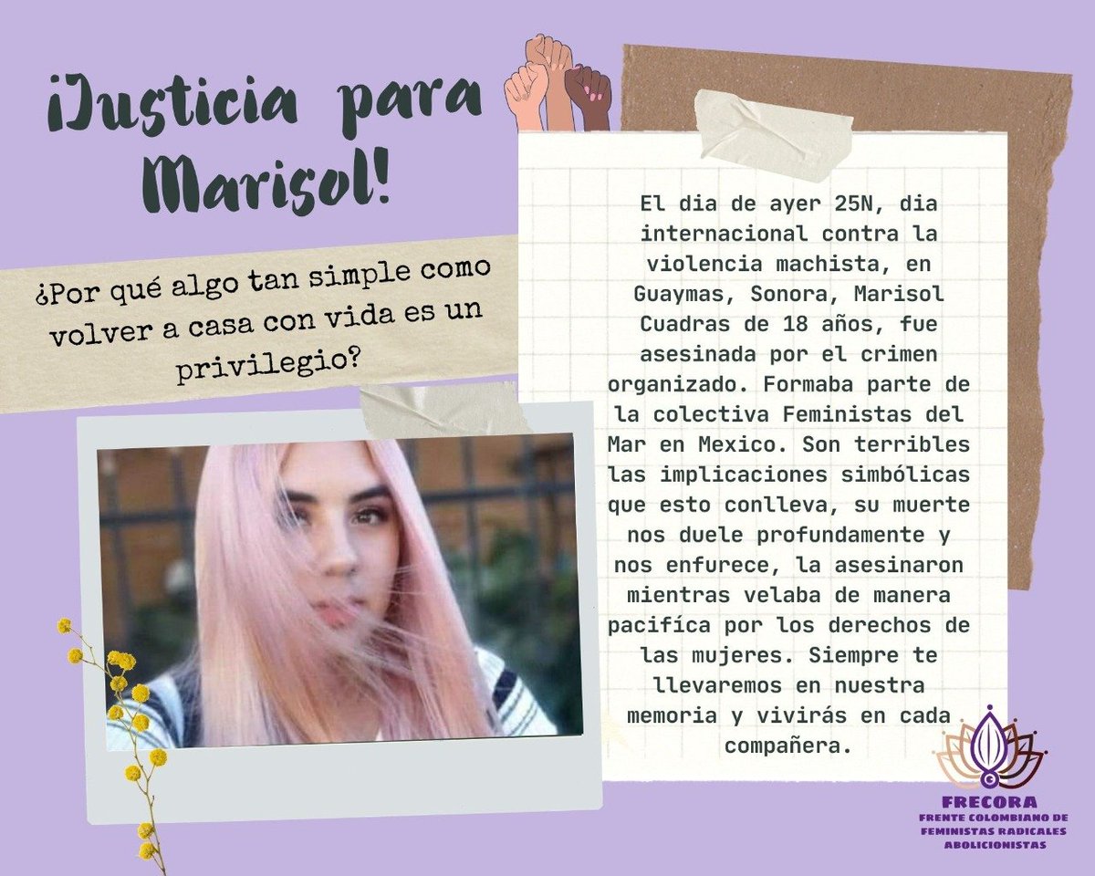 _frecora_'s tweet photo. Marisol Cuadras pertenecía a la colectiva Feministas del Mar en México y, como muchas de nosotras, salió a marchar ayer contra la violencia machista y feminicida. Sin embargo, mientras se manifestaba pacíficamente unos hombres le arrebataron la vida enviando así un fuerte mensaje https://t.co/lX02kWGLgy