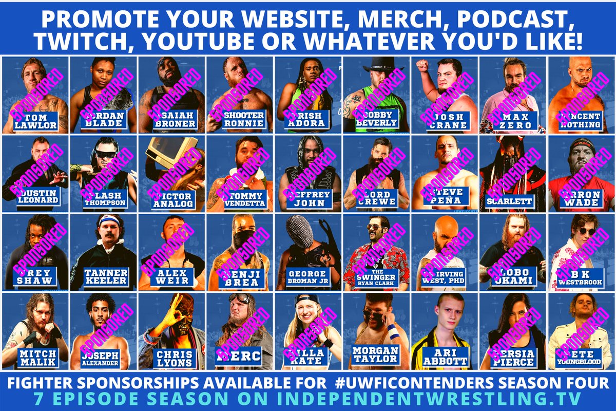 LAST CHANCE! Want to promote your podcast, Twitch, YouTube channel, website, merch, or whatever you'd like while supporting independent wrestling?

We've got a handful of wrestler sponsorships still available for Season 4 of #UWFiContenders on <a href="/indiewrestling/">IWTV</a>! DM us for details.