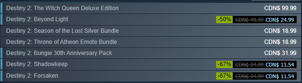 RickKackis's tweet photo. There is a MASSIVE sale on Destiny 2 DLCs going on right now on Steam!

If you are missing a DLC, definitely pick it up! 
At these prices, they're basically worth it just for the Exotics you get! https://t.co/gNXvi2pkhb