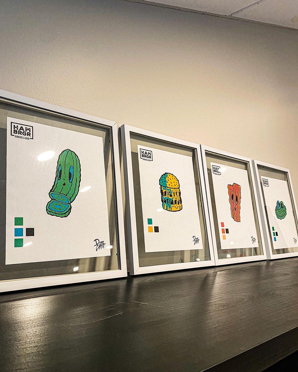 Decided to spruce up our office with some art by <a href="/thedopechief/">The Dope Chief</a>  ✨🍔

Should we do something fun with these in the future for Hambrgr? Patches, or pins? Let us know what you think we should do with these cool little graphics! 🤭
#Hamont #StCatharines #hospitality #restaurantlife