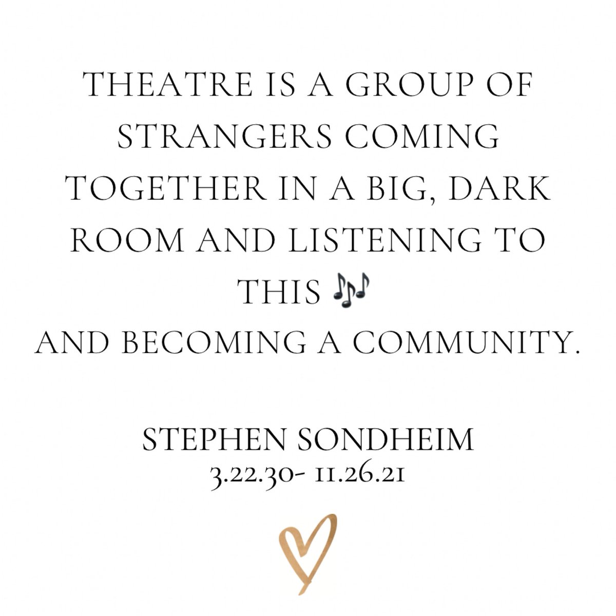 jansen5678's tweet photo. Sondheim was so present in my mind lately after his generous appearance in the All Together Now “Theatre Is” video and in the Tick, Tick, Boom film. I’m deeply saddened to hear of his passing. It’s an era ended. 💔 #sondheim https://t.co/WuChVEozfb