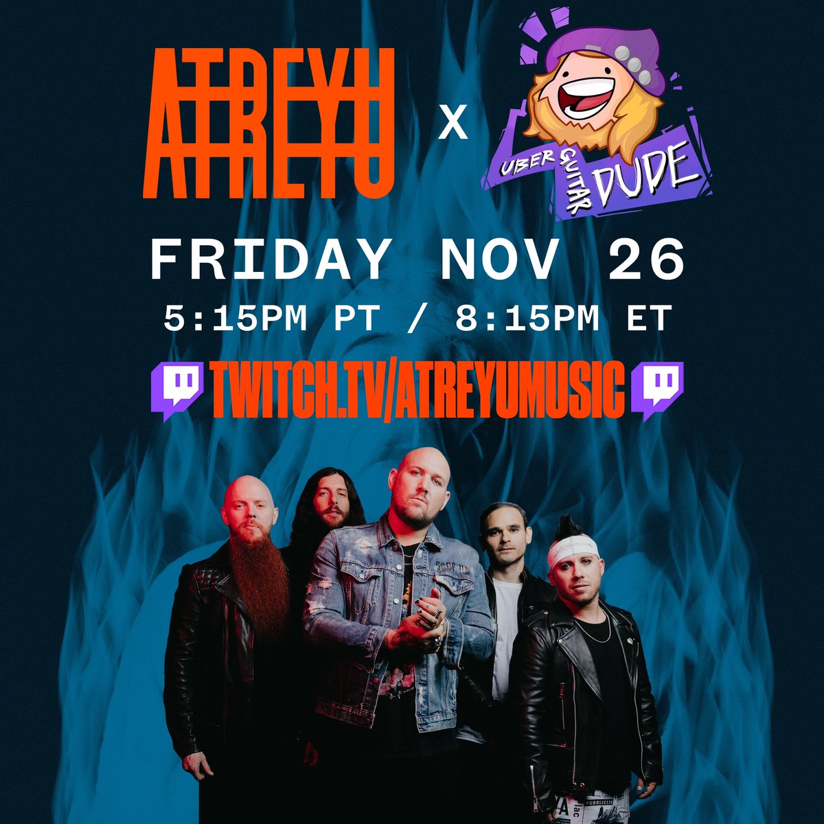 Heyo fam! Today at 5:15pm PT/ 8:15pm ET I will be opening up for <a href="/atreyuofficial/">Atreyu</a> on their twitch! They’ll be performing a set right after! If you’re not following them, you’re missing out on wonderful streams by amazing musicians. Link down below! Seeya there! :D