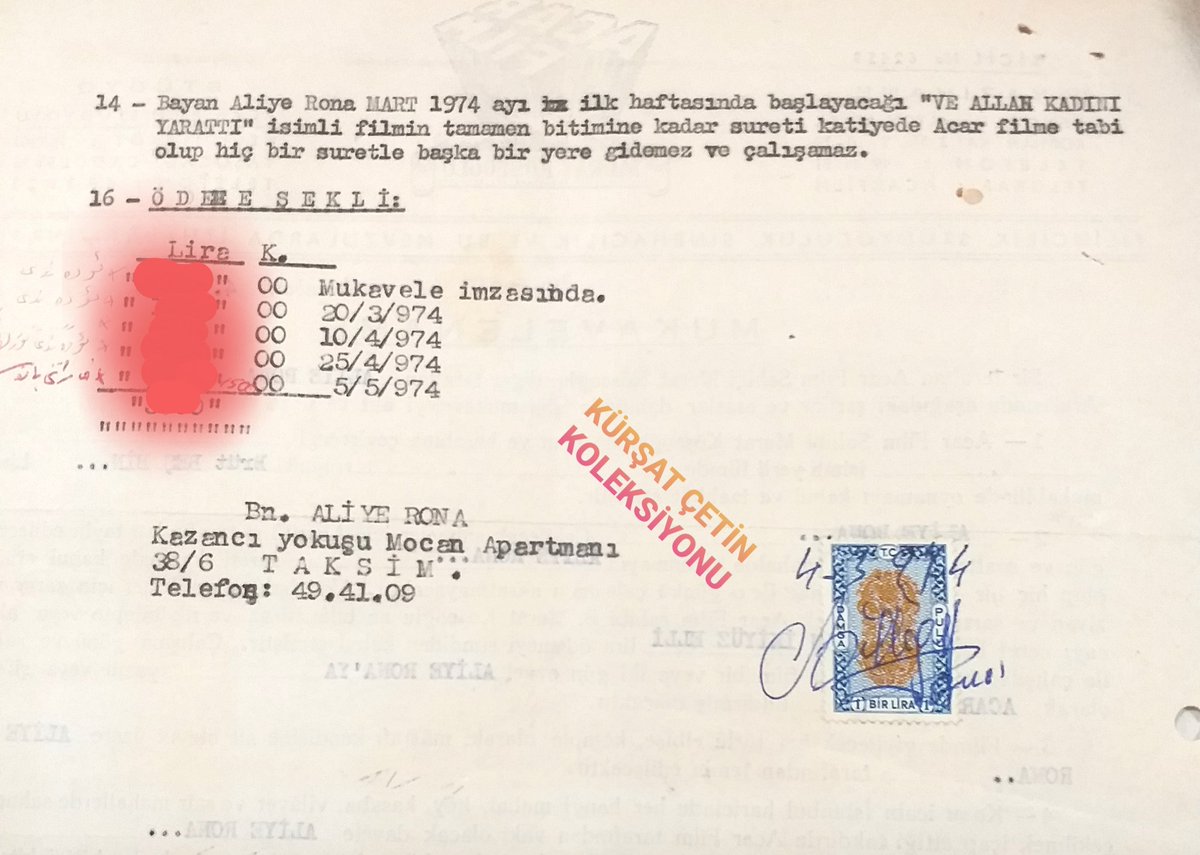 ALİYE RONA FİLM SÖZLEŞMESİ ve İLGİNÇ İMZASI ➡️Türk Sineması'nın en sert mizaçlı, en katı yürekli kadın rollerin unutulmaz karakter oyuncusudur. ➡️Kendi soyadı DİLLİGİL'dir. Zihni Rona'yla evlenince RONA soyadını almıştır. ➡️Bendeki sözleşmeyi DİLLİGİL RONA diye imzalamış😉👇