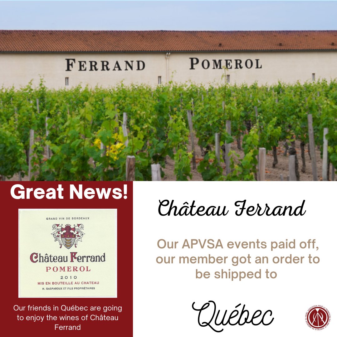 ApvsaMontreal's tweet photo. We are pleased to inform that Château Ferrand received an order of 100 cases of Pomerol from the SAQ of Quebec. We wish them much success in the Quebec market.

Congratulations to Château Ferrand! 😁
#Winebusiness #wineimports https://t.co/vFnzfp52Jc