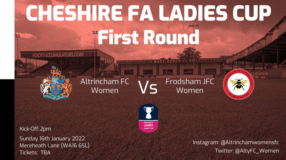 AltrinchamFCW's tweet photo. 🏆 COUNTY CUP DRAW

Alty FC Women will host Frodsham JFC Women in the Cheshire FA Ladies Cup First Round!

The tie will take place on Sunday 16th January 2022.

#COYR 🔴⚪️ https://t.co/rDxErpGtzQ