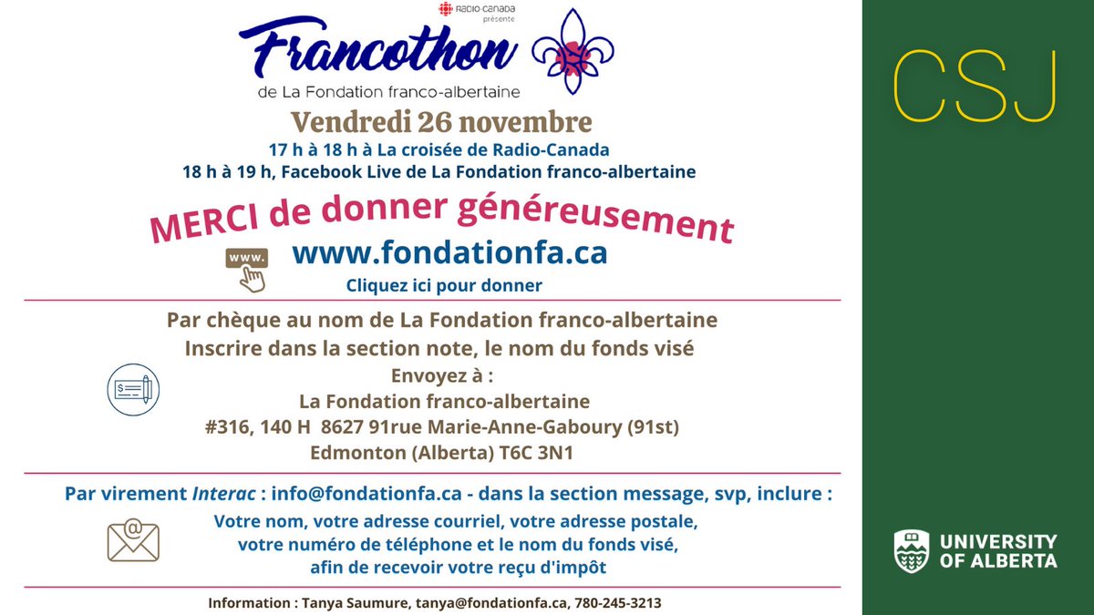 UAlbertaCSJ's tweet photo. Aujourd'hui, c'est le #Francothon! Nous vous invitons à donner généreusement aux différents fonds de la @FrabFondation, et au Fonds du Campus-Jean en particulier. Rejoignez le Francothon à 17h sur @LACROISEERCAB et à 18h sur le Facebook Live de la Fondation. #frab #CommunautéCSJ https://t.co/UMZYk7klhU