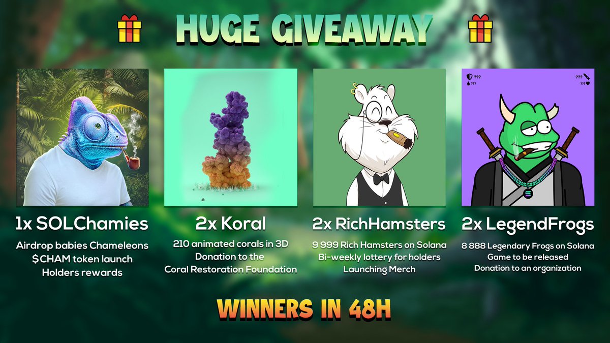 SOLChamies's tweet photo. 🎁HUGE +1500$ #NFTGiveaway 🎁
7 NFT from collections with great roadmaps😍

EASY TO ENTER :
1️⃣ Follow @SOLChamies 
2️⃣ Follow @koralklvb 
3⃣ Follow @RichHamsters
4⃣ Follow @LegendFrogNFT
5⃣ RT

Ends 48h
#NFTs #Solana #SolanaNFT #NFTCommunity #NFTdrop #NFTcollections #NFTGiveaways https://t.co/y1qgQ7Y5ju