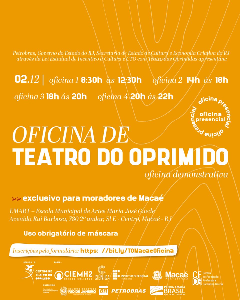 cto_rio's tweet photo. Estão abertas as inscrições para Oficina Demonstrativa de Teatro do Oprimido que acontece nos dias 01/12 e 02/12 em Macaé.

As atividades são gratuitas e exclusivas para moradores de Macaé. 

https://t.co/f0C2RFblat

Patrocínio: @petrobras 

#patrociniopetrobras #cto #oficina https://t.co/XJYugkkWja