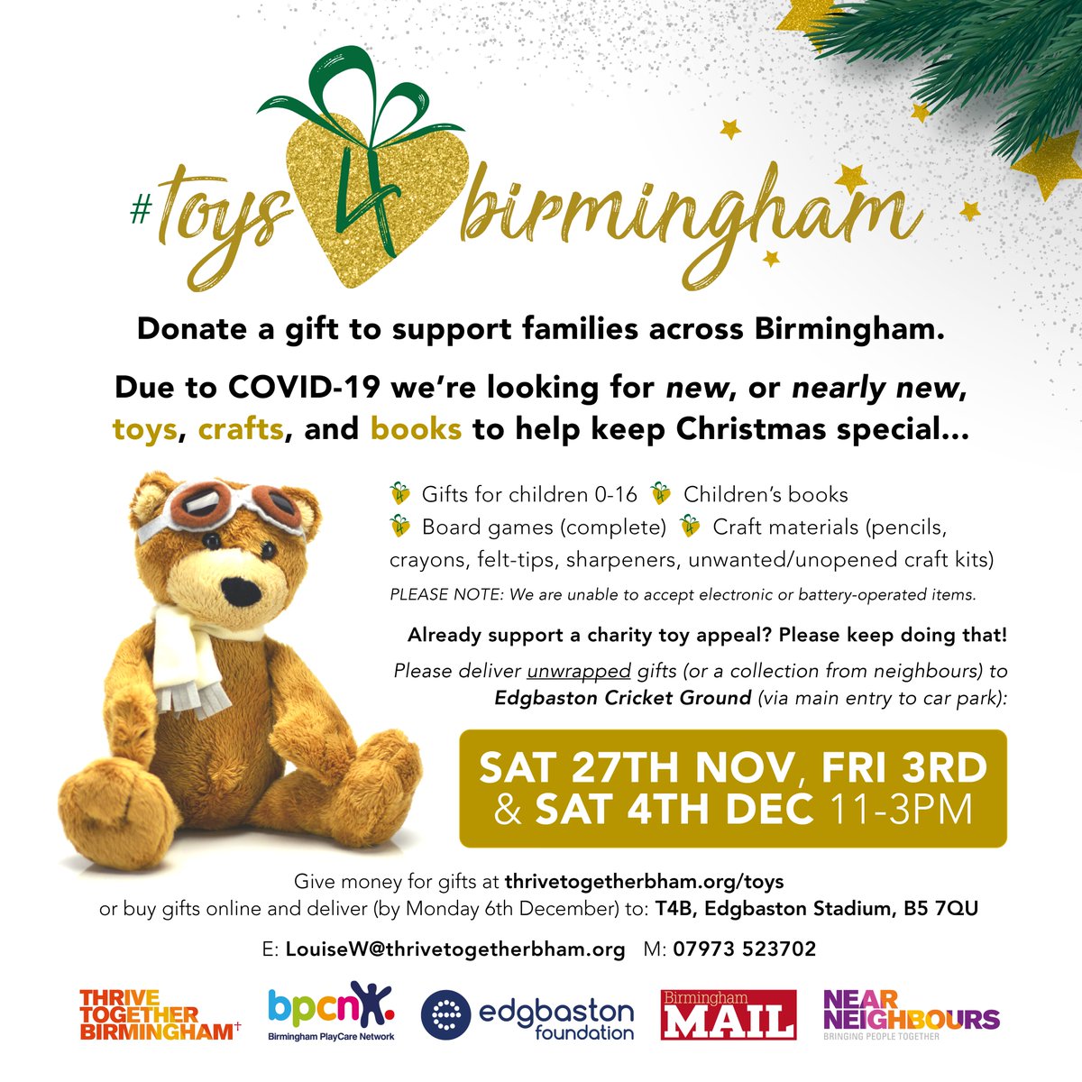 Join us with your toys and gifts for our first collection of #toys4birmingham tomorrow. Bring unwrapped toys for ages 0-16 to <a href="/Edgbaston/">Edgbaston Stadium</a>  between 11&amp;3 to help make Christmas special for those who are struggling this year. Please use the Pershore Rd gate. <a href="/EdgbastonFDN/">Edgbaston Foundation</a>