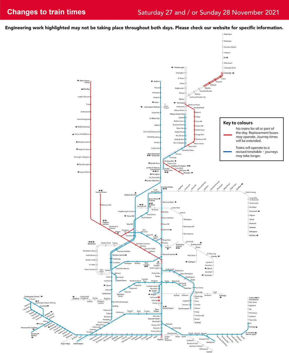 SouthernRailUK's tweet photo. 🚧 Network Rail are carrying out planned engineering works this weekend on parts of the network to maintain and improve the railway.

ℹ Details on works taking place &amp; services affected 👉 https://t.co/27iN8zMMC5 https://t.co/QVvG58Lez0