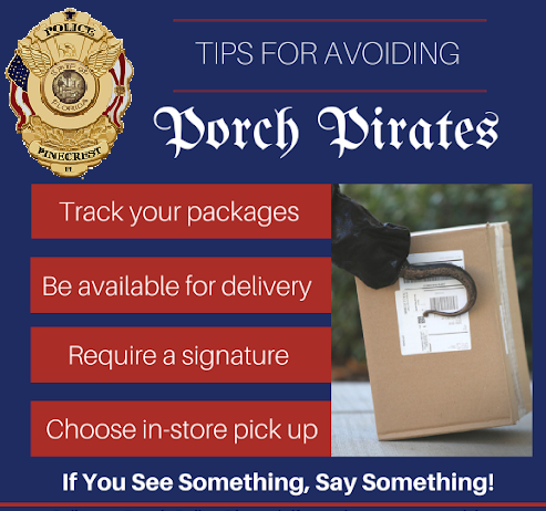 PinecrestPolice's tweet photo. Be on the look out for Porch Pirates because they will be on the look out for  your packages!!!

#PinecrestPolice #Pinecrestkind #Pinecresting https://t.co/twzVipGjzZ