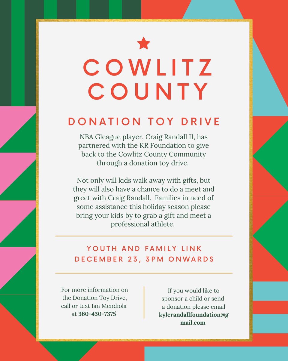 moneyteam1222's tweet photo. This upcoming Christmas I will be partnering with the @FoundationKyle to host a toy drive giving back to the Cowlitz County Community. I hope everyone can join me and help with this wonderful opportunity!! If you have any questions reach out to the contact info on the flyer!! https://t.co/WeYRnrdVpm