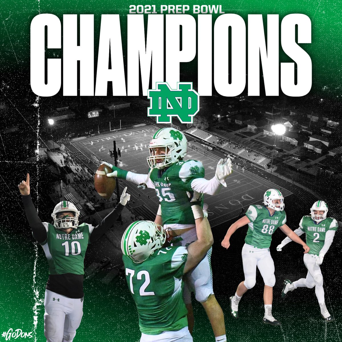 DONS WIN DONS WIN! Notre Dame defeats Kenwood by a score of 35-6 in the 2021 Prep Bowl championship! Congratulations to our coaches, players, and our seniors for ending the season as champions! #GoDons