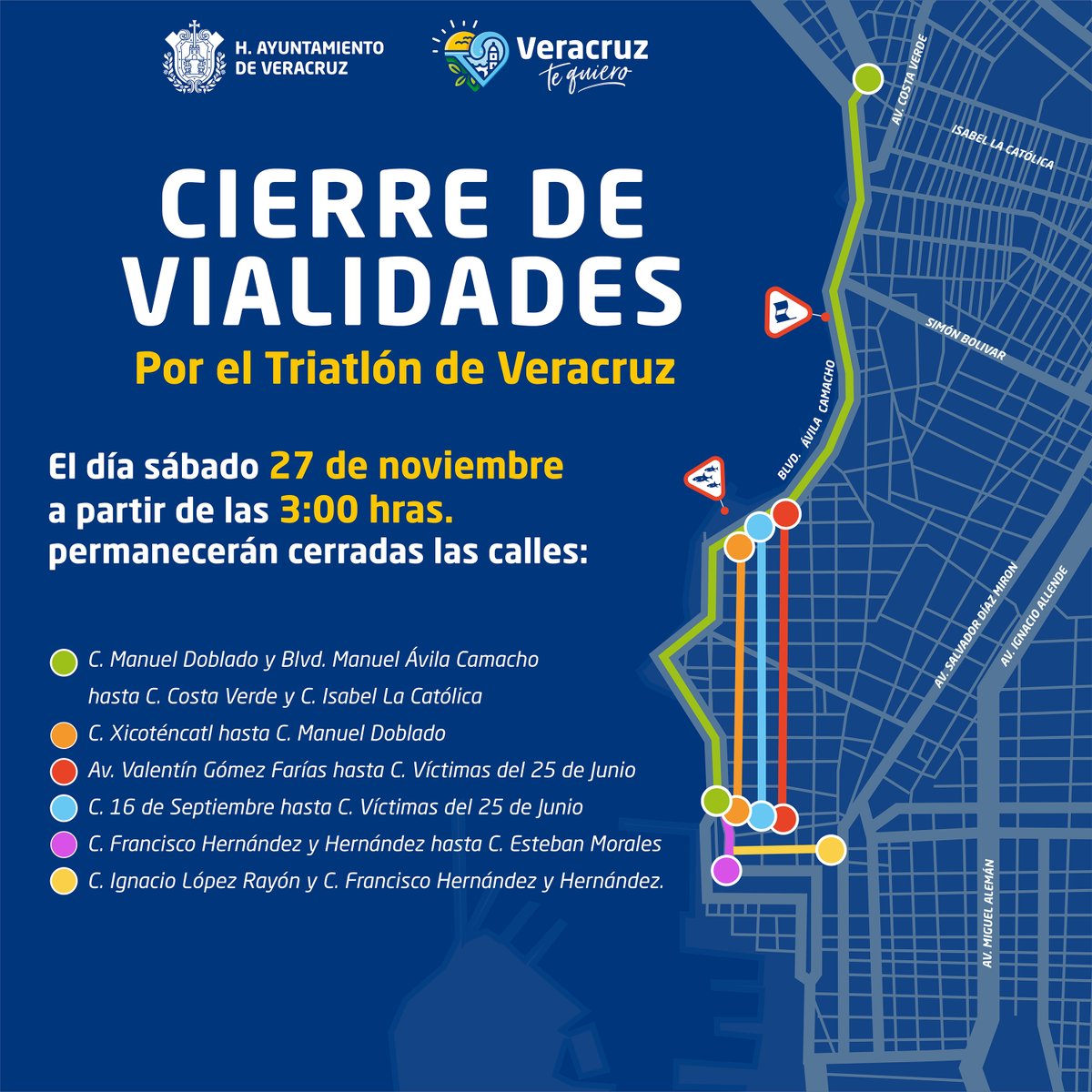 AyuntamientoVer's tweet photo. #ComparteQue Mañana, a partir de las 3 am habrá cierre de vialidades por el Triatlón de Veracruz, descubre qué calles permanecerán inhabilitadas aquí 👇🏼
¡No olvides tomar vías alternas! https://t.co/4Lhmqfdv8S