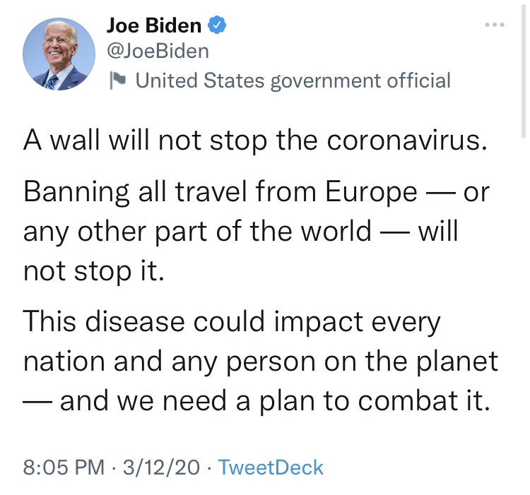 TPostMillennial's tweet photo. FLASHBACK: Biden used to think travel bans were a bad idea. https://t.co/RQkI22PwRj