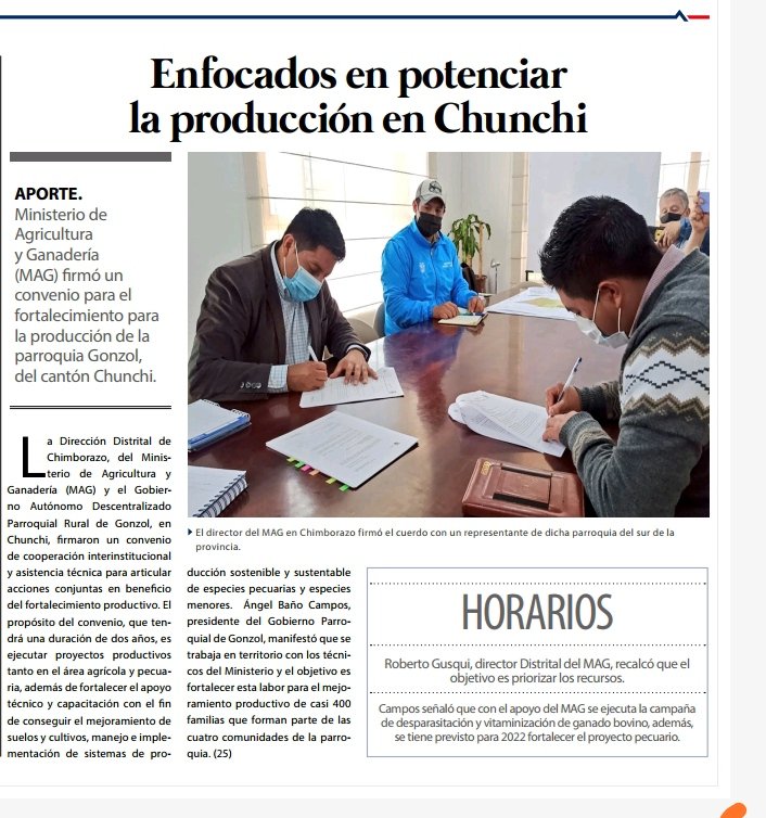 #MAGEnMedios | Enfocados en potenciar la producción en Chunchi,  se firma Convenio de cooperación interinstitucional y asistencia técnica, para articular acciones conjuntas entre el #MAG y el GAD Parroquial de Gonzól, conoce más información vía <a href="/andesdiario/">Diario Los Andes</a>